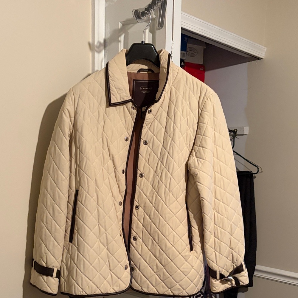 Coach Cream Quilted Jacket with Brown Trim